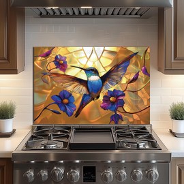 DAIFURONGE Tempered Glass Backsplash For Kitchen Behind Stove,Hummingbird Stove Back Top Cover,Easy to Clean Glass Splashback, Sink Cover Splash Guard,Home Kitchen Wall Decor (30"x20"(76.2x50.8cm))