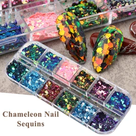 12 Colors Chameleon Nail Art Sequins 3D Nail Glitter Flakes Laser Gradient Nail Art Design Holographic Nail Glitters Powder for Women Girls Manicure Tips Charms Decoration DIY Nails Supplies