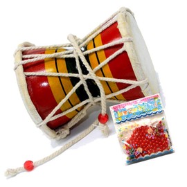 Yogic Mantra Shiv Damroo Music Drum (Approx Size 3.5" x 4") Bundle with Water Beads Random Color Sample Pack - Handheld Monkey Damru Hand Percussion Handmade Damaru Indian Musical Instrument
