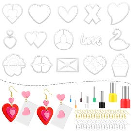 Kajaia 114 Pieces Valentin's Day Polymer Clay Cutters with Earring Cards 16 Shapes Valentines Earring Clay Cutters 80 Earring Hooks and Rings Heart Clay Cutters Supplies