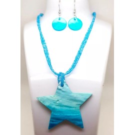 Unbranded star shape blue color shell Pendant blue seed beaded necklace earring set