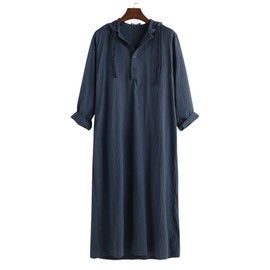 YAOHUOLE Mens Casual Muslim Thobe Ethnic Kaftan Robes Ayaba Drawstring Hood with Pocket Navy M