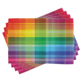 Ambesonne Vintage Rainbow Place Mats Set of 4, Retro Plaid Design Checkered Squares Rainbow Colored Geometric Pattern, Washable Fabric Placemats for Dining Table, Standard Size, Yellow Green