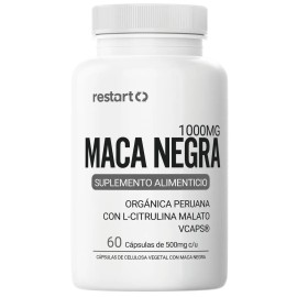 Restart Maca Negra Orgánica Peruana + L-Citrulina | Black Maca Premium 1000mg por Porción | Suplemento Natural Hombre Testo | Testosterona Vitaminas para Hombres & Multivitamínico | 60 Cápsulas