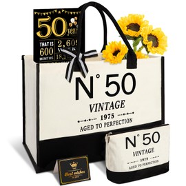 Amosking 50th Birthday Gifts for Women Canvas Shopping Bag Travel Gear, 50 Year Old Gifts for Wife Mother Sister Aunt Friends Her Vintage N°50 Handbag/Cosmetic Bag