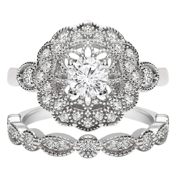 TwoBirch 18k White Gold Microplated Art Deco Floral Design Duo