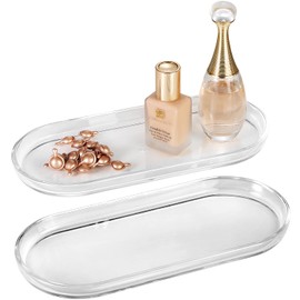 SheeChung Acrylic Vanity Tray, 2 Pack, Clear, 9.65 in x 4.5 in x 0.79 in, Catchall Tray, Countertop Sink Tray Dispenser, Sturdy Holder for Cabinet, Shelf, Cupboard, or Closet Organization