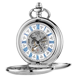 Tiong Men's Vintage Double Open Mechanical Pocket Watch Silver Roman Numeral Case Steampunk Pocket Watches with Chain for Men