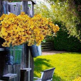 PJYHOME 12Pcs UV Resistant Artificial Flowers Artificial Violet Outdoor Decor Realistic Faux Plants Silk Flowers No Fade for Patio Hanging Baskets Garden Pots Farmhouse Yard (Yellow)