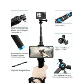 AuyKoo Pole Ausziehbar Selfie Stick, Handheld Wasserdicht Teleskop Stange, Reisen Einbeinstativ Stativ Halterung Ständer für Fusion Hero7 Black Hero 5 6 7 8 9 10 11 12 Black Kameras