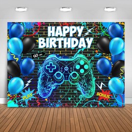 Fitumiw Game Birthday Backdrop 7x5ft Video Game Level Up Boy Birthday Party Decorations Background Neon Glow Gaming Night Banner Photo Booth Props