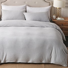 PURE ERA Jersey Knit Duvet Cover Set 100% T-Shirt Heather Cotton Super Soft Comfy Classic Striped Design, with Zipper Closure, White & Black Pinstripe, Queen