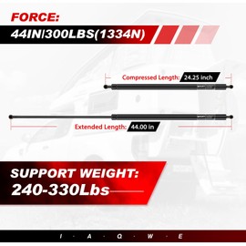 IAQWE 44Inch 300Lbs/1334N Gas Struts Shock Spring Lift Support for Tonneau Cover Heavy Duty RV Bed TV Cabinet Murphy Truck Bed Floor Hatch Storage Toolbox Lid Truck Topper Camper Window, 2Pcs