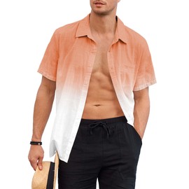 Mens Gradient Linen Shirts Casual Button Down Short Sleeve Beach Summer Shirts Orange