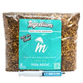 Mycelium's White Oyster Gourmet Mushroom Kit | 8LBS Oak and Soy Hull Substrate & Millet Grain Combo | Sterile & Nutrient-Rich for Home Growers | Includes 20ML White Oyster Liquid Culture Syringe