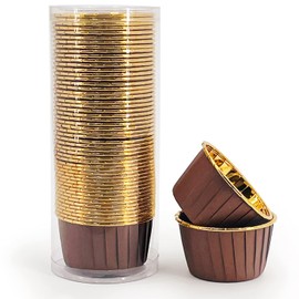 Party Hippo Cupcake Cups, 3.5 Oz 50 pcs Disposable Foil Muffin Liners, Gold Cupcake Baking Cups, Ramekin Aluminum Cupcake Tip Pan Ramekin Holders, Little Baking Cups (Coffee)