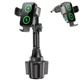 GuMosh Car Supplies, Drink Holder, Smartphone, Wireless Charging, 15 W, Cup Holder, Car, Auto Open/Close, Double Coil Design, 360 Degree Rotation, 2 in 1 Wireless Car Charger, Insert Fixed, Air