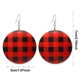 KaFu Christmas Plaid Print Wooden Earrings Lightweight Geometric Bohemian Christmas Plaid Big Round Wood Dangle Drop Earrings for Women Statement Jewelry (2 pairs)