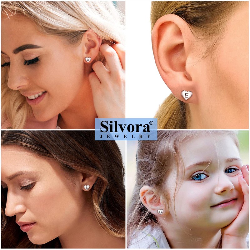 Silvora Charming Letter Earrings Heart Stud Sterling Silver Initials T