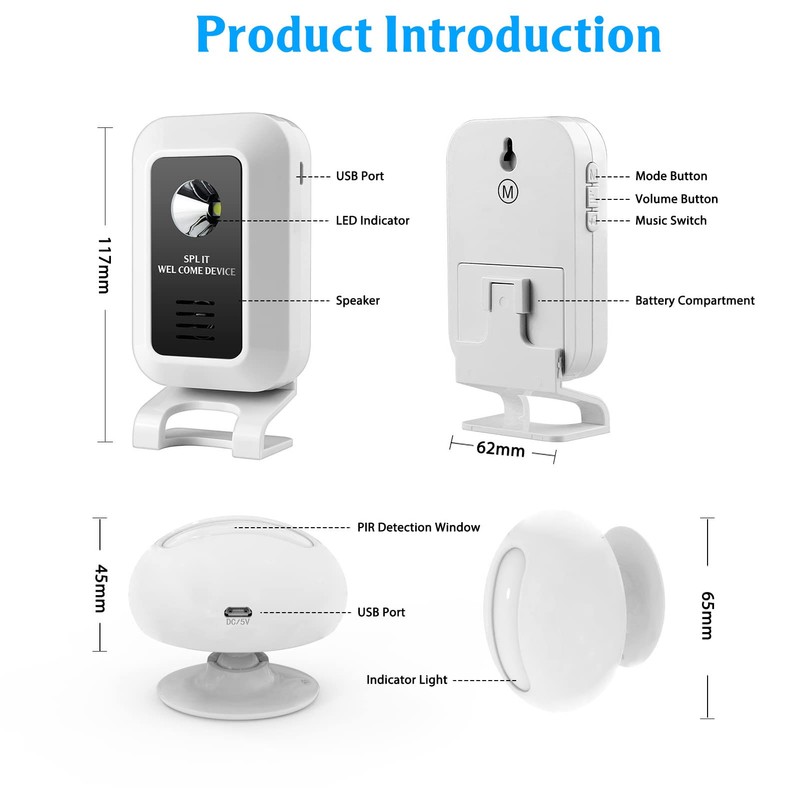 Wireless Motion Detector Alarm 32 Song 490ft LED Night Light