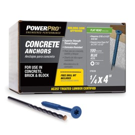 Power Pro Blue Flat-Head Concrete Screw Anchors (1/4" x 4") - 100 pc