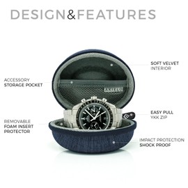 AKIELO Watch Case – Watch Travel Case with Cleaning Cloth and Gift Box – Fits Mens and Womens Wristwatches and Smart Watches up to 54mm (Denim Blue Edition)