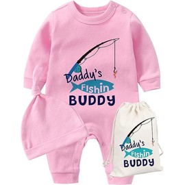 culbutomind Baby Twins Romper Daddy Fishing Buddy Fun Newborn Bodysuits Boys Girls Gift Short Sleeve Twins Clothing with Hat, Pink Daddy Fishing