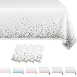MORAINJAY 4Pcs White and Silver Dot Party Tablecloth,137x274cm Rectangle Table Cloth,Waterproof Plastic Confetti Table Cover for Outdoor Picnic,Wedding, Birthday,Christmas Table Decorations