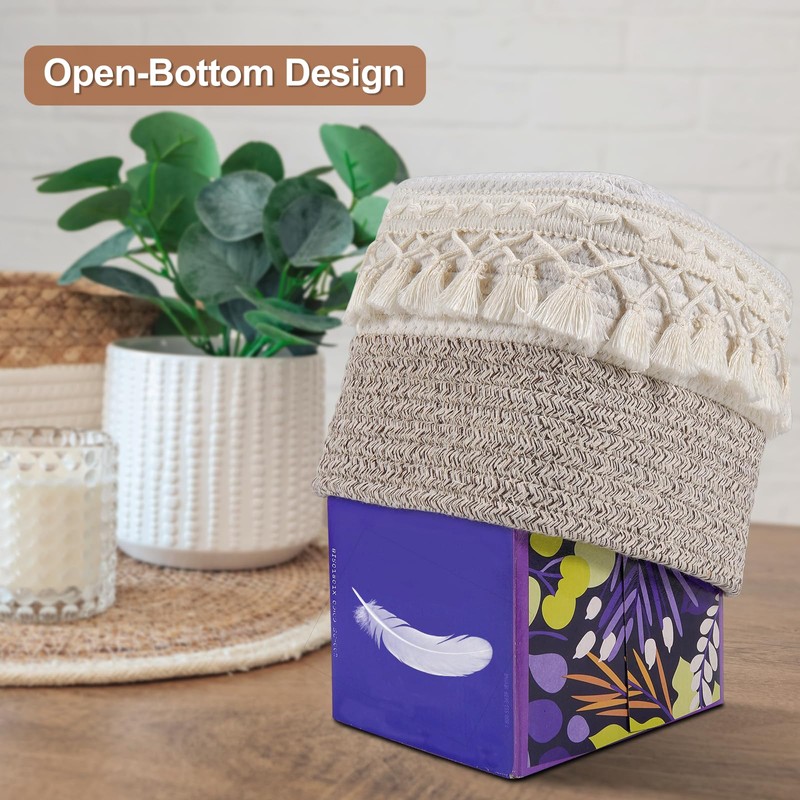 Natural Boho Tissue Box Cover: Handwoven Square Holder with Tassel