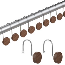 Kounlsyam Shower Curtain Hooks, Decorative Shower Curtain Rings for Shower Curtain Rod,Imitation Wood Grain Resin Shower Curtain Hangers, Metal Shower Hooks for Bathroom, Bedroom Set of 12 (Silver)