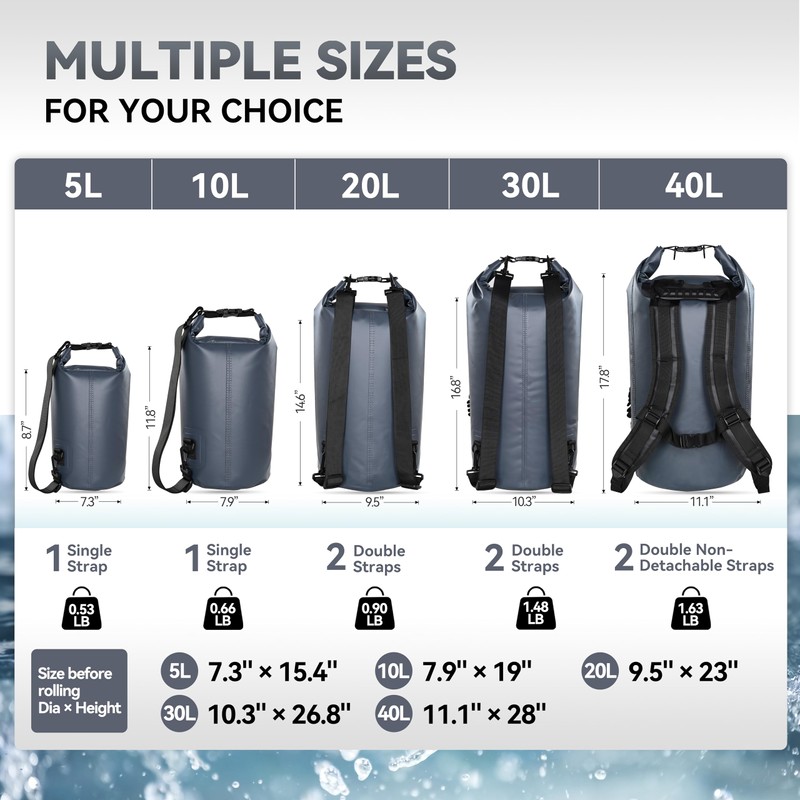 MARCHWAY Floating Waterproof Dry Bag Backpack 5L/10L/20L/30L/40L, Roll Top Sack