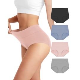 BELSIALOV Women's Cotton Underwear High Waisted Tummy Control Ladies Panties Full Coverage Postpartum Briefs 4 Pack L