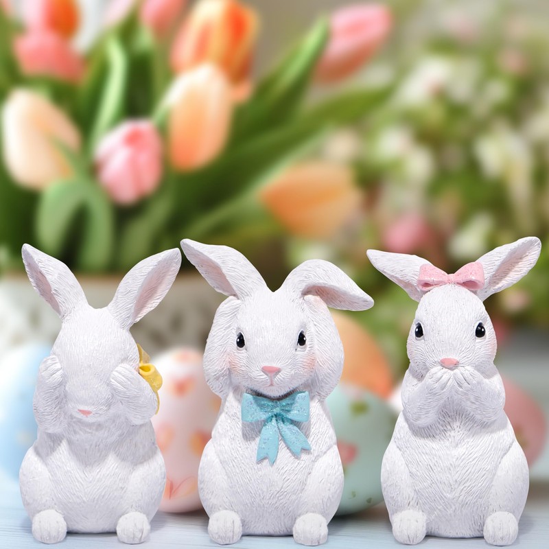 Hodao Easter Decoration Three-Bunny Figurine Set - Adorable Handcrafted White