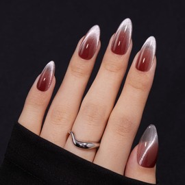 VSALON Press on Nails Medium Almond - French Tip Cat Eye Glitter Ombre Fall Nails Kit for Woman, Christmas Reusable Semi-Transparent Gel Glue on Nails with Glue & Cuticle Oil - 32 PCS in 16 Sizes