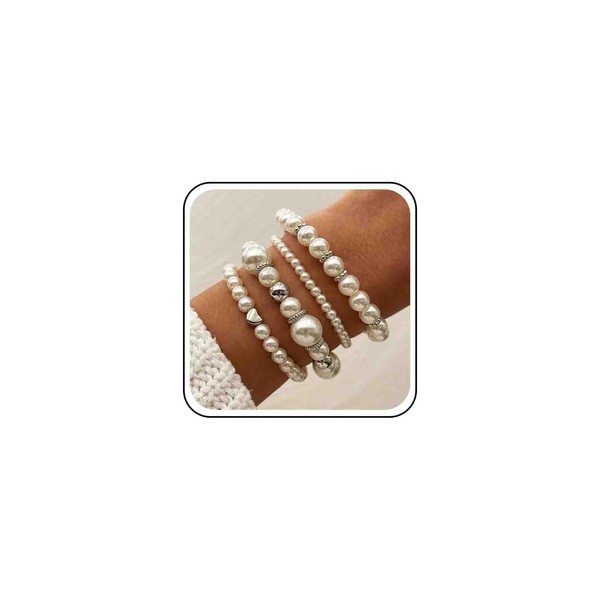 Cybche Boho Layered Pearl Bracelet Set Silver Ball Beaded Bracelet