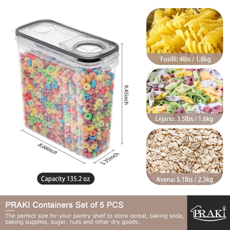 PRAKI 5PCS Cereal Containers Storage Set, BPA Free Airtight Food