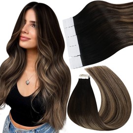 Ugeat 30 cm Tape-in Extensions Human Hair Balayage Black to Caramel Blonde Tape-in Hair Extensions with Dark Brown Tape Hair Extensions Human Hair with 20 Pieces Invisible Tape-in Skin Weft Hair 30 g