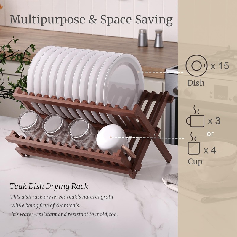 VERTORGAN Teak Dish Drying Rack,Folding Collapsible Drainer Plate Organizer Holder