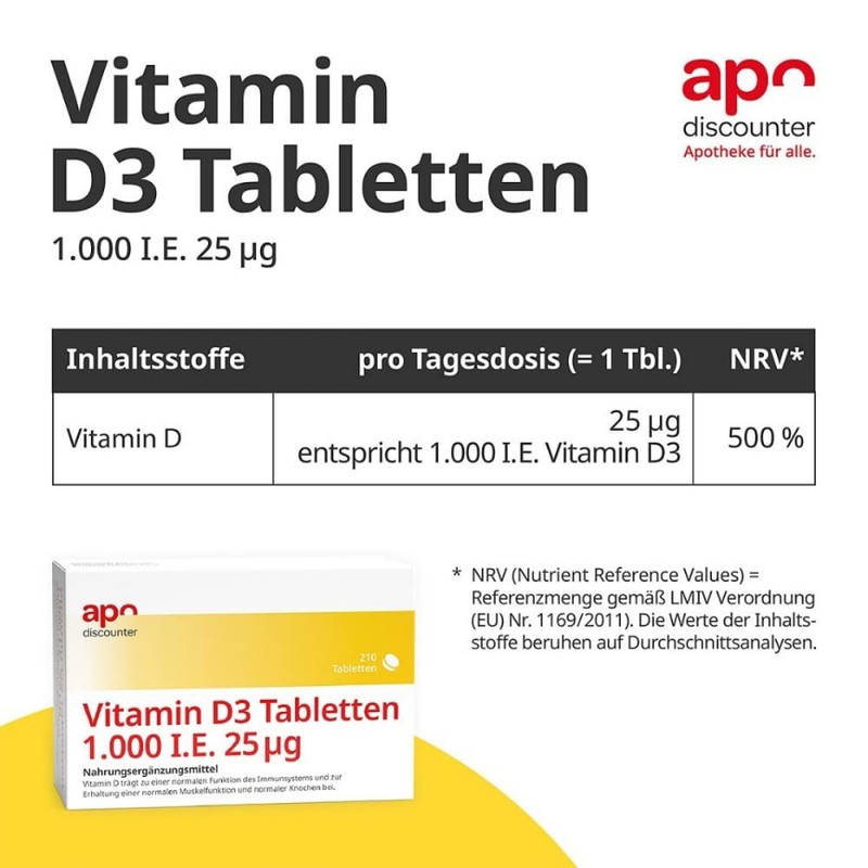 Apodiscounter Vitamin D3 Tablets 1000 IU Pack of 210