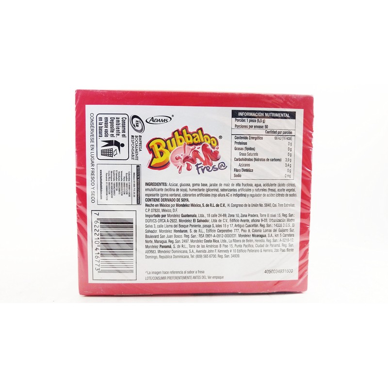 Bubbaloo Fresa/Strawberry Mexican Gum 1 Pack of 50pcs