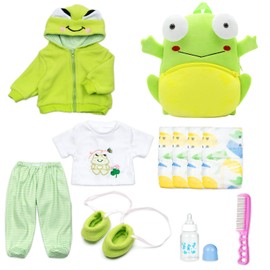 11 Pcs Reborn Baby Doll Clothes with Backpack Diapers Set for 18-22 Reborn Dolls Cute Green Frog Design Dolls Clothes Outfits Accessories