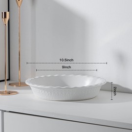 Fun Elements Ceramic Pie Pan, 9 Inch Pie Dish for Baking, Ruffled Pie Plate, Non-Stick Deep Dish Pie Pan for Apple Pie and Pot Pie, Set of 2, White