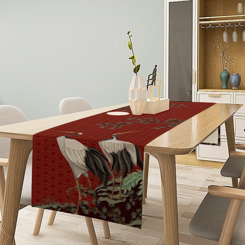 Chinoiserie Crane Table Runner, Asian Japanese Crane Pine Tree Branchs