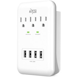 KMC 3-Outlet Wall Mount Surge Protector, 900 Joules, 4 USB 4.8 AMP USB Charging Ports, Phone Holder Cradle for Home, School or Office, ETL Certified