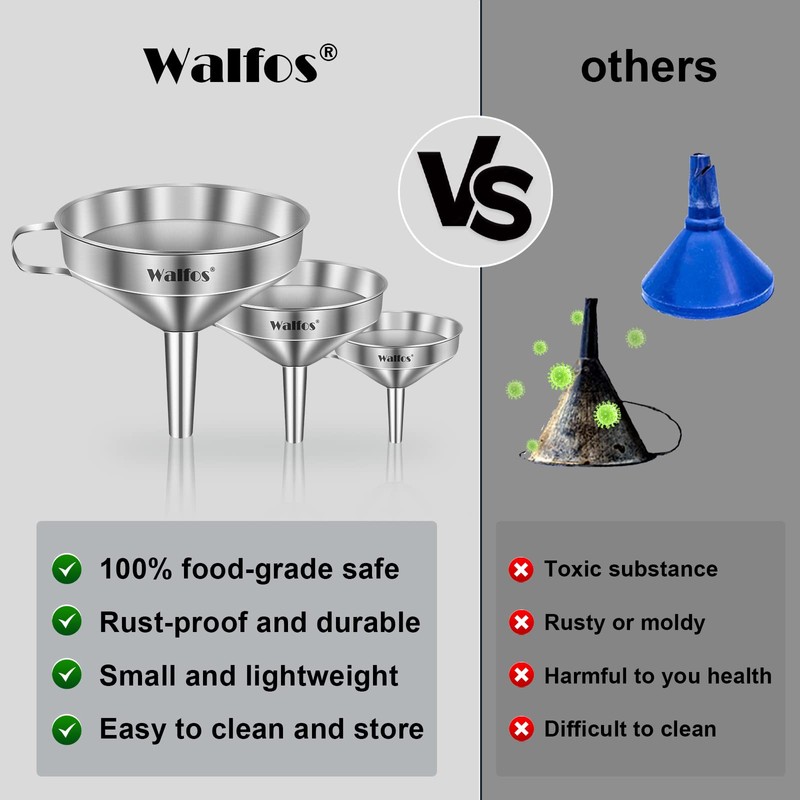 Stainless Steel Funnel, Walfos 3 Pack Kitchen Funnel with 2