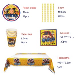 GUBOOM Fireman Sam Party Tableware, Fireman Sam Tableware Set, 73 Pieces Fireman Sam Party Set with Plate, Cup, Tablecloth, Napkins, Straws