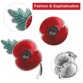 DAWRIS Red Poppy Pin Poppy Badge, Poppy Badges and Pins 2024 Poppy Brooches for Women UK Remembrance Pin Badges 2024 Poppy Pin Badge, Enamel with Green Leaf Alloy Remembrance Day Pin Badges (Silver)