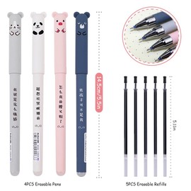 MIATTCLD 4pcs 0.35mm Erasable Gel Pens + 5pcs Replacement Refills, Cute Kawaii Cartoon Cat Pig Bear Panda Animal Gel Ink Black Pen Ballpoint for Writing Note (4)
