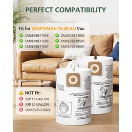 10 Pack CMXZVBE38749 Vacuum Dust Bags Compatible with CRAFTSMAN 16-20 Gallon Wet/Dry Shop Vac, CMXEVBE17595, CMXEVBE17596 Replacement Vac Bags, Part# 38749