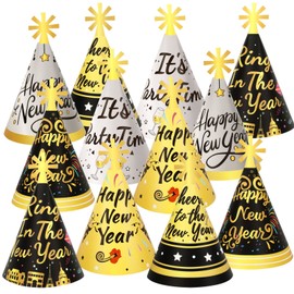 DPKOW 12pcs New Year's Eve Party Hats Supplies, Happy New Year Cone Hats for 2025 New Year's Eve Party Favors Photo Props, Black Gold Silver New Year Hats for 2025 New Year Countdown Party Decorations